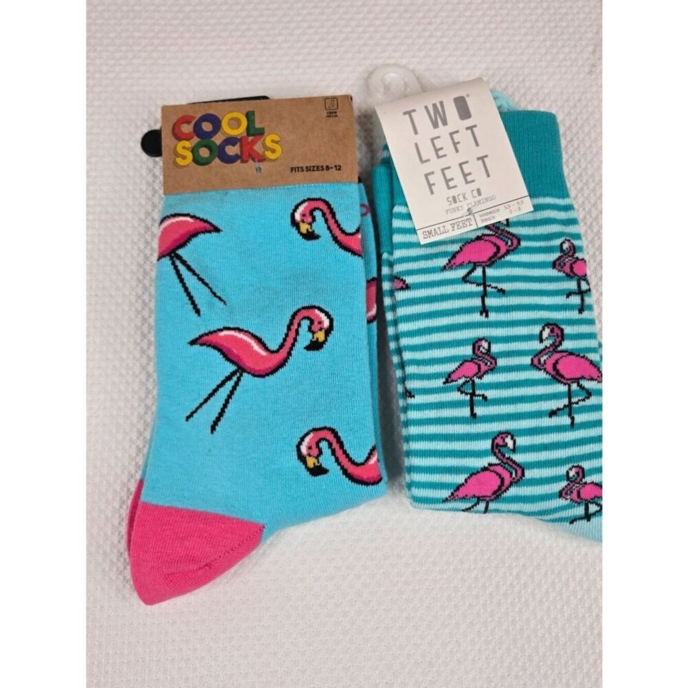 Colorful Flamingo Lot of 2 Cool Socks Two Left Feet Womens 5.5-9.5 Teal Blue Pin